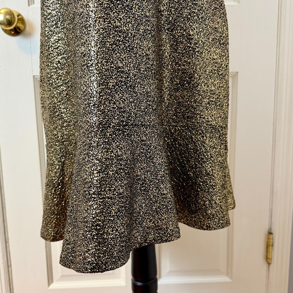 Michael Kors Metallic Black & Gold Flounce Hem Cap Sleeve Fit & Flare Dress, L - Picture 7 of 9